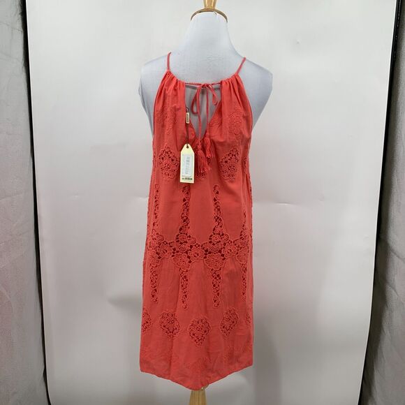 MSSP Max Studio Dress Women XS Extra Small Coral Halter Floral Crochet Keyhole - Picture 6 of 15